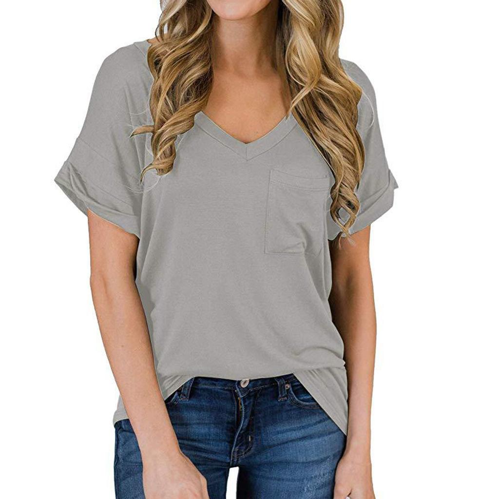 Fashion Womens Casual V-neck Pocket Ruffled Loose Color Blouse T-Shirts