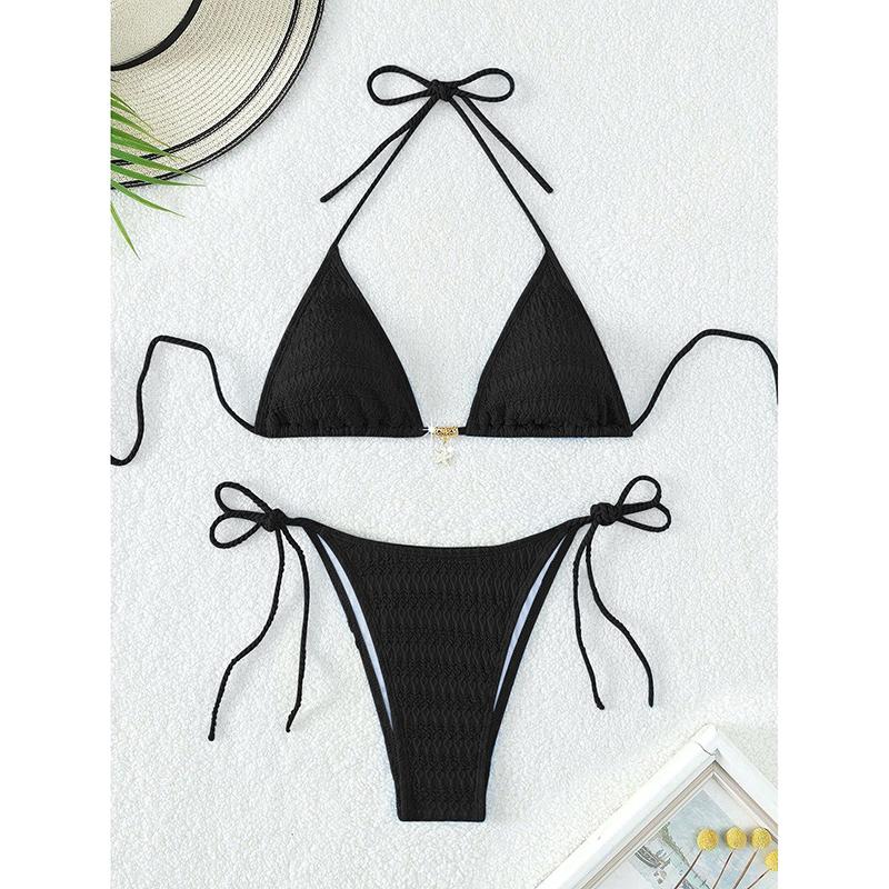 

Сексуальное черное бикини Новое в металле Дизайнерское Пуш-ап Микро Купальник Пляжный Купальник на завязках Стринги Купальный костюм Бикини L чёрный