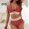 2-teiliges Bikini-Set für Damen, Farbblock, V-Ausschnitt, BH mit hoch taillierter Badehose, verstellbare Träger, Strandbademode