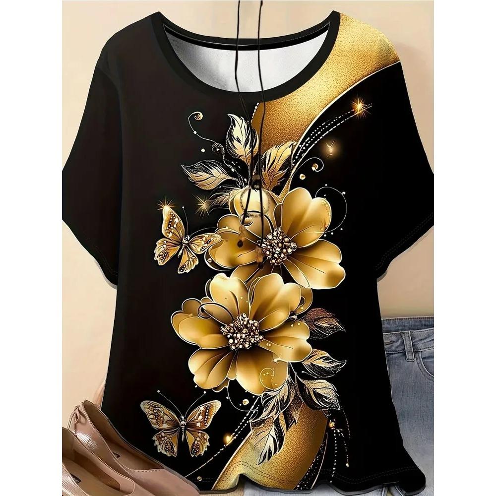Retro Flower 3D Printed Short Sleeved T-shirt Fashionable Comfortable Soft Breathable Large Loose Womens T-shirt