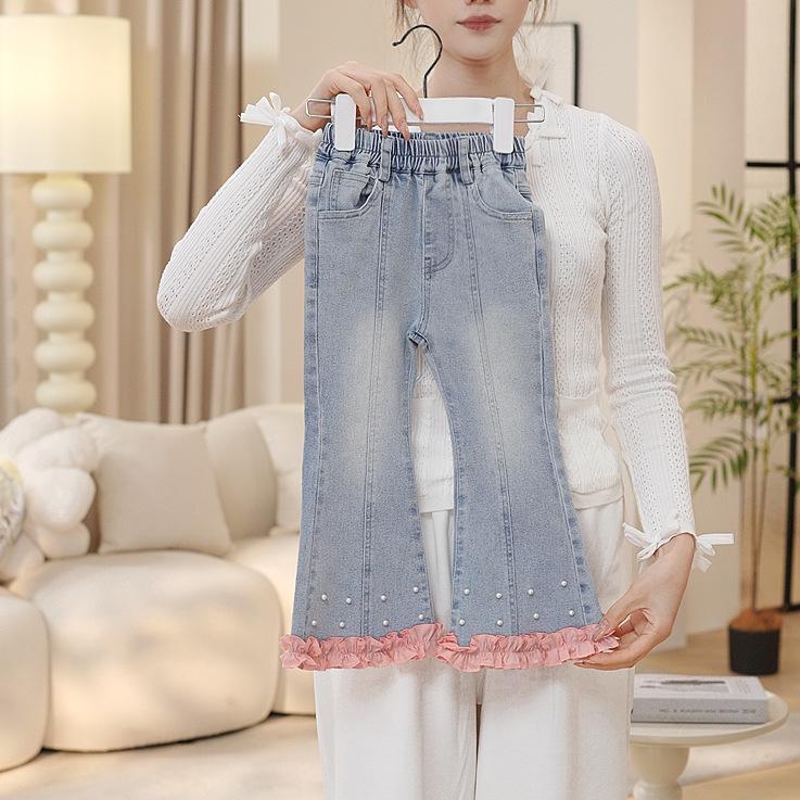 Girls' 3-Piece Outfit: 3D Flower Vest, Shirt, & Denim Bell Bottoms - Trendy Spring/Autumn Set