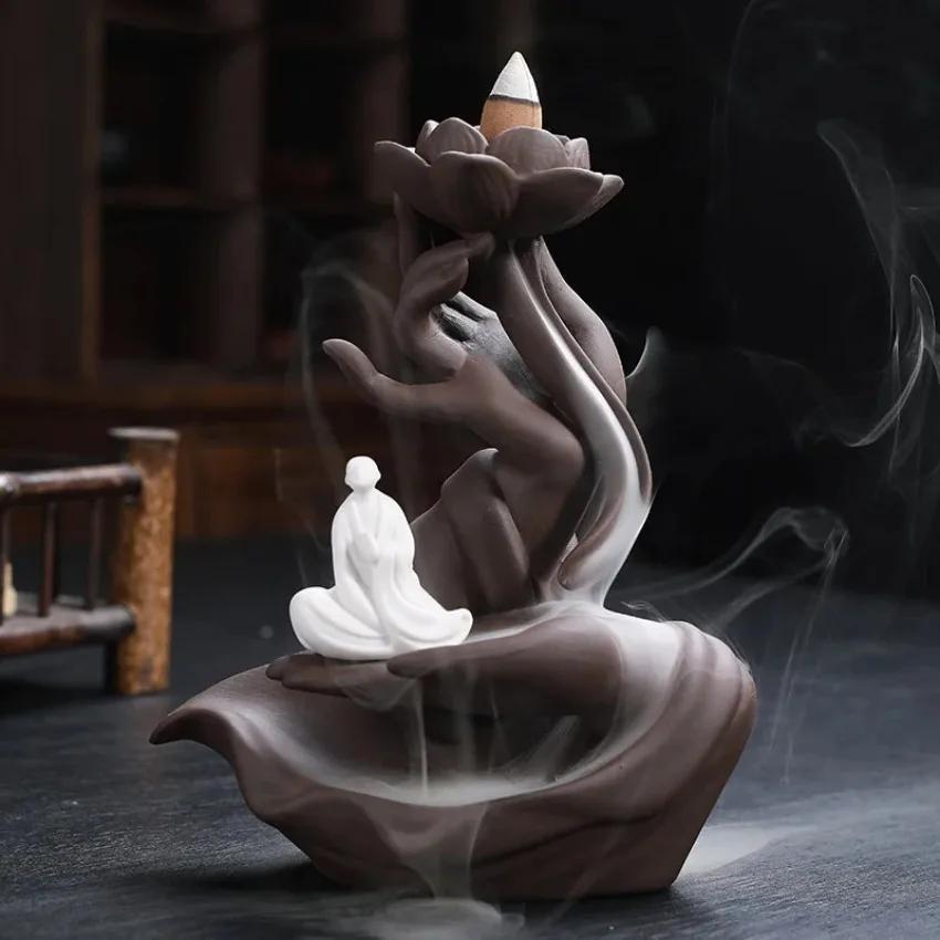 Incense Burner Buddha's Hand Guanyin Lotus Back Incense Burner Ornaments Indoor Incense Burner Purple Sand Antique Sandalwood