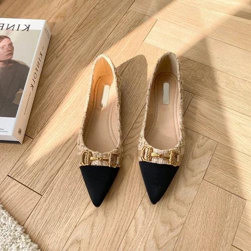 Fashion 2025 Spring and Autumn New Pointed Toe Single Shoes Shallow Mouth Slip-on Flats Metal Decoration Low-heeled Women's Shoes