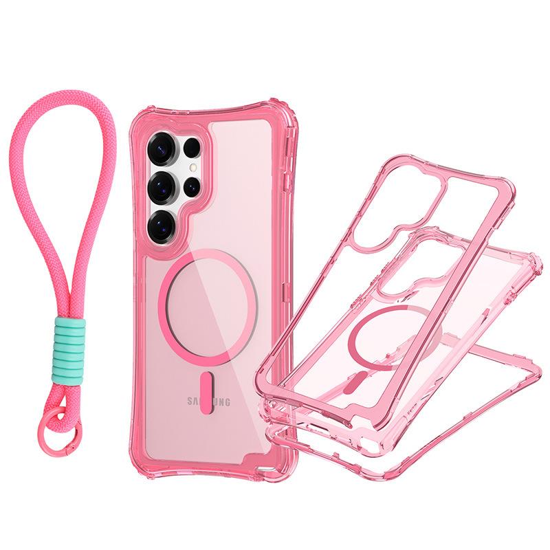 For Samsung S25 ULTRA Magnetic Transparent Three-in-one Mobile Phone Case with Strap