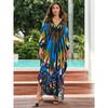 Plus Size Boho Cover Up, Women's Butterfly Print Chinese Knot Braided V Neck Maxi Loose Fit Beach Kaftan Dress