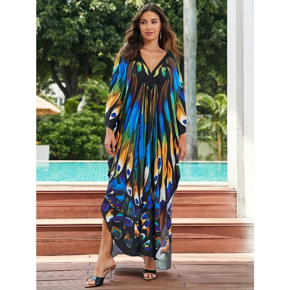 Plus Size Boho Cover Up, Women's Butterfly Print Chinese Knot Braided V Neck Maxi Loose Fit Beach Kaftan Dress