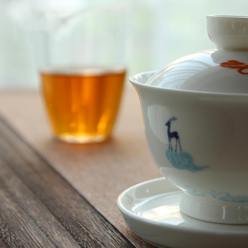 Hand-Painted Deer Gaiwan Household Ceramic Porcelain Tureen Chinese Kungfu Tea Sets Retro Teaware Drinkware Tea Ceremony Infuser