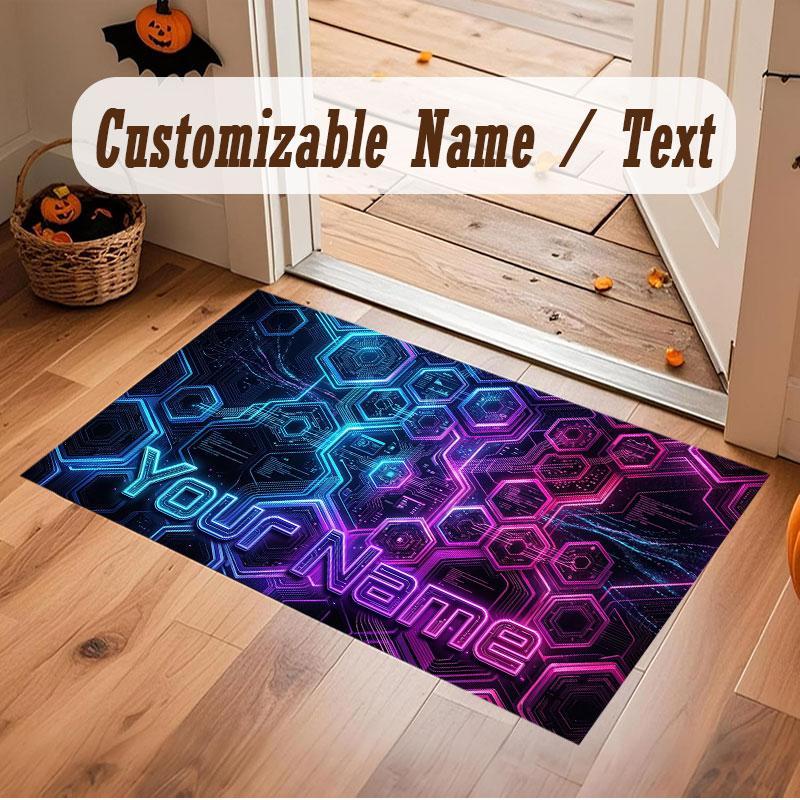 City Cyberpunk Theme Crystal Velvet Floor Rug Personalized Custom Name Text Warm Carpet Home Decoration