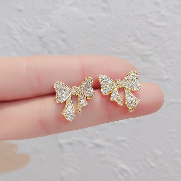 Full Diamond Bow Earrings Tide Super Fairy Temperament Muse Fan Earrings Simple Spring And Summer Earrings