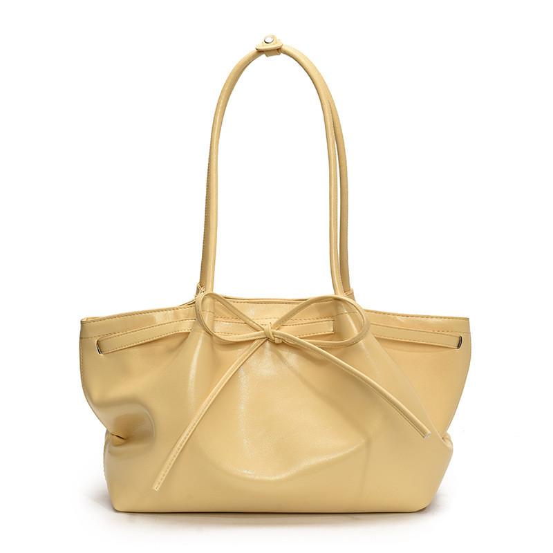 Color Solid Simple Bow Decoration Pleated Design Women Casual Shoulder Bag Tote
