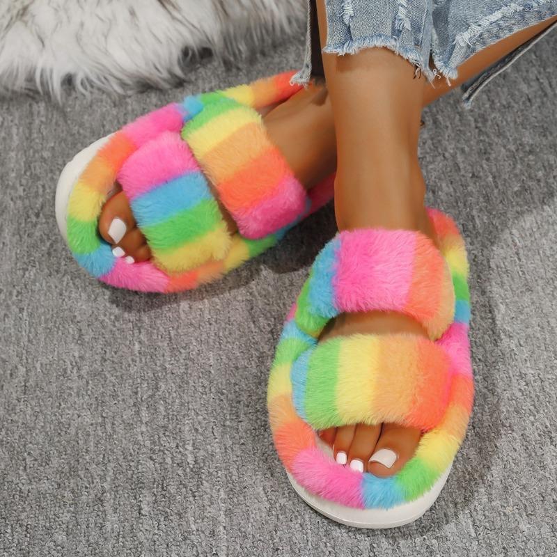 Warm Winter Women Plush Fluffy Slippers Open Toe Comfort Shoes Fuzzy Indoor Warm Soft Furry House Slippers Slides Women