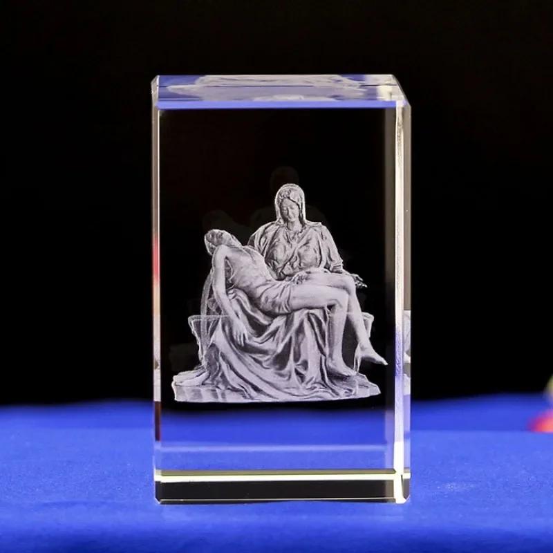 3D  Crystal Cube Christian Jesus Cross Figurine Home Decor Virgin Mary Laser Engrave Crystal Religious Gifts for Women's Birth