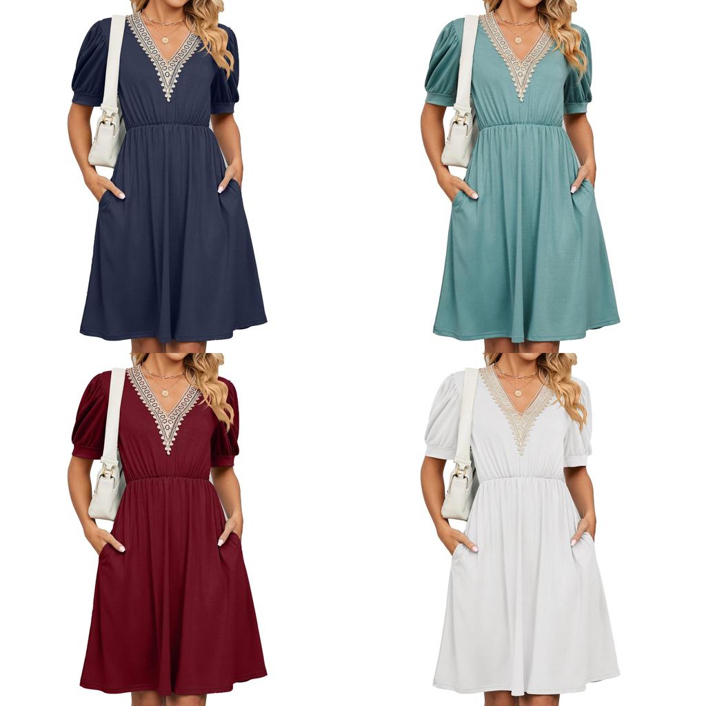 Städtisches Stilkleid mit Taschen und V-Ausschnitt für den Frühling, Freizeitkleidung