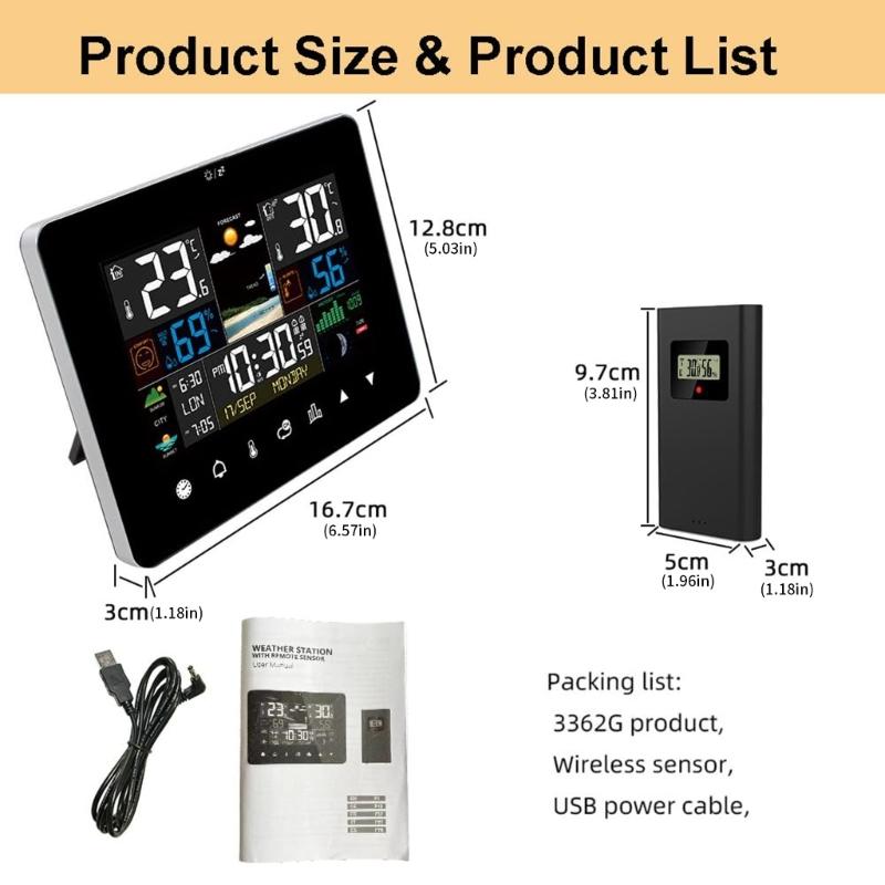 Color Touchscreens Weather Stations Indoor Outdoor Temperature Humidity Monitor Alarm Clock Moon Phase Tides Tracking