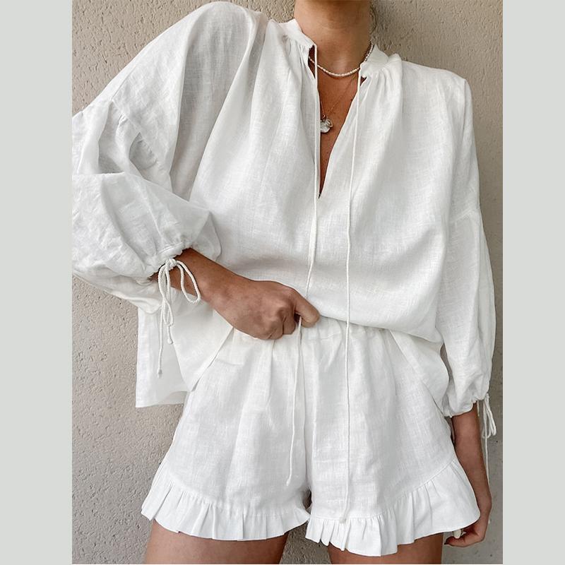 

Женские повседневные хлопковые льняные шорты с оборками, льняной пуловер с длинным рукавом и завязками, комплект из 2 предметов, летняя женская пляжная блузка M белый