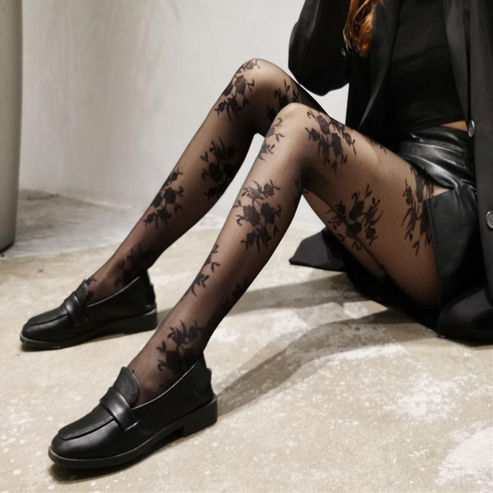 Vintage Rose Schwarz Weiß Strümpfe Damen Durchsichtig Floralmuster Strumpfhosen Floral Jacquard Strumpfhosen Anti-Haken Netz Weiche Strümpfe