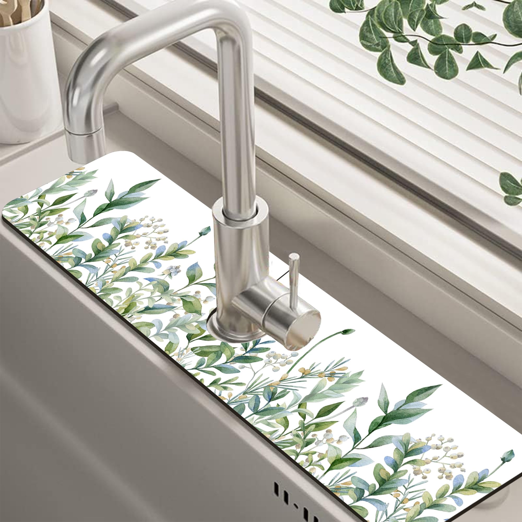 

VIKAMA Faucet Mat Watercolor Floral Faucet Absorbent Mat Kitchen Countertop Accessories Kitchen And Dining Table Accessory 10X38CM&Strip