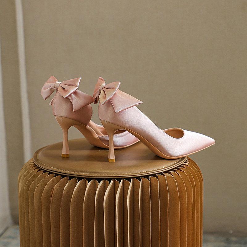 Fashion White Pointed-Toe Bow Stiletto High Heels, Women'S Side-Open Sandals, Satin Shallow Toe Single Shoes