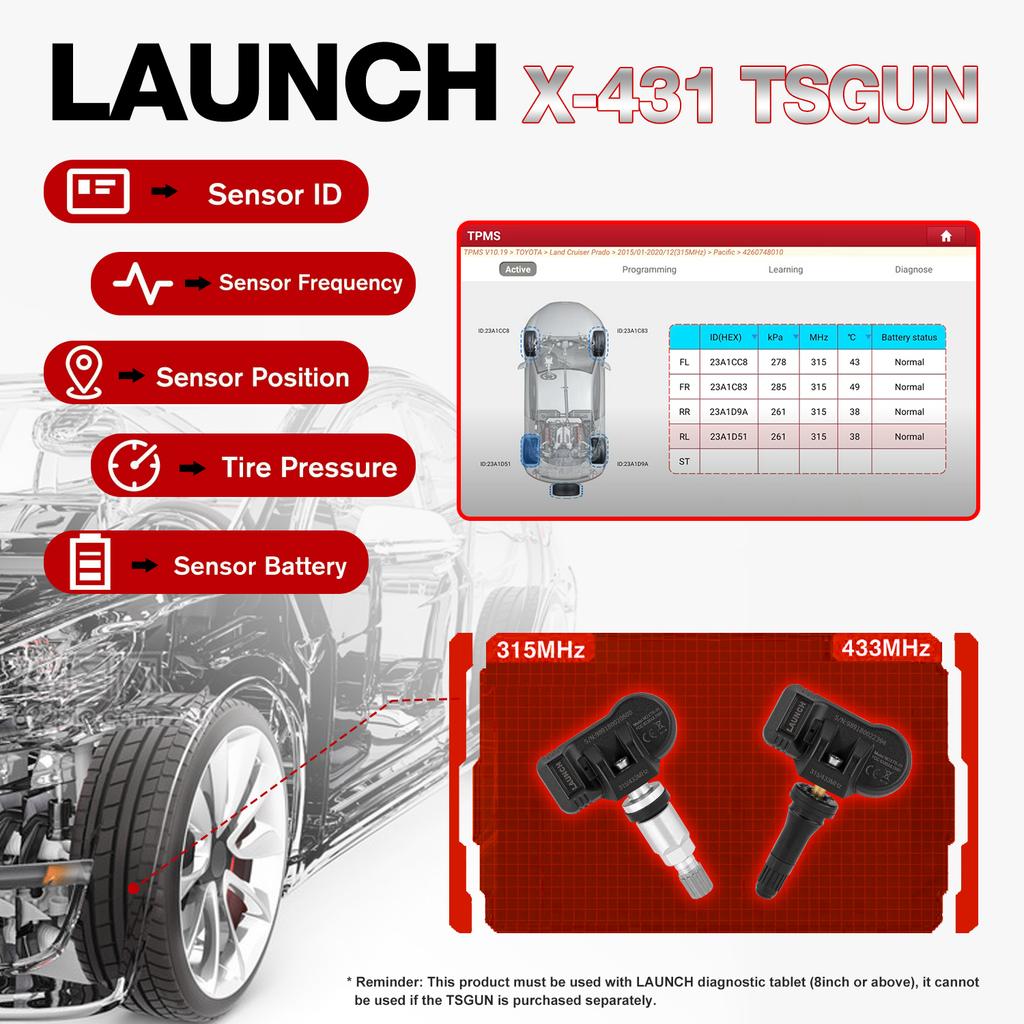 Launch X431 TSGUN TPMS 315/433 MHZ 2in1 RF-Sensor X-431 TSGUN Car Tire Pressure Sensor Detector Programming Diagnostic Tool