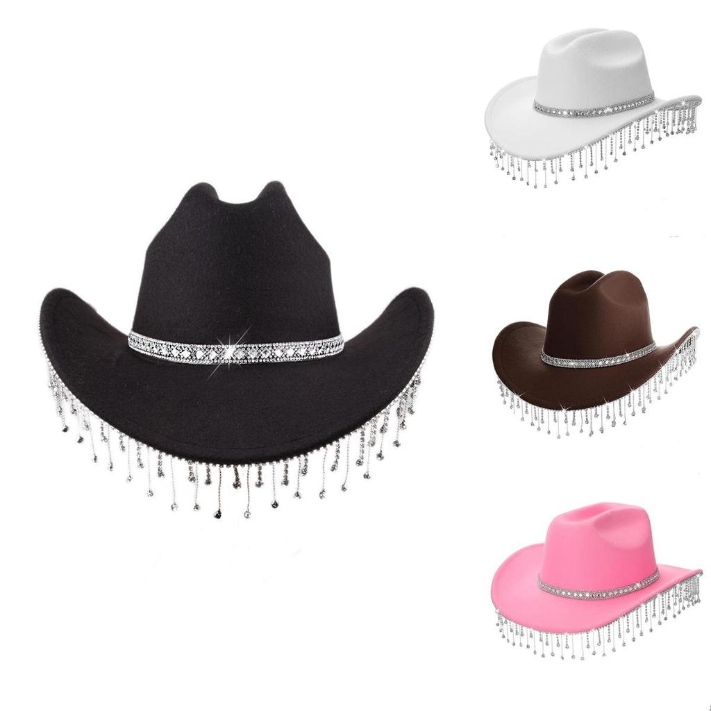 Pink Felt Cowboy Hat With Rhinestone Tassel Decoration For Allseason Sun Protection
