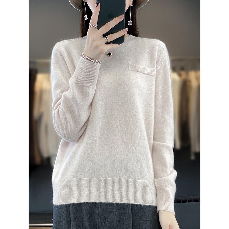 2023 Women's Cashmere Wool Knit Pullover - Solid Color, Versatile, Round Neck Base Layer