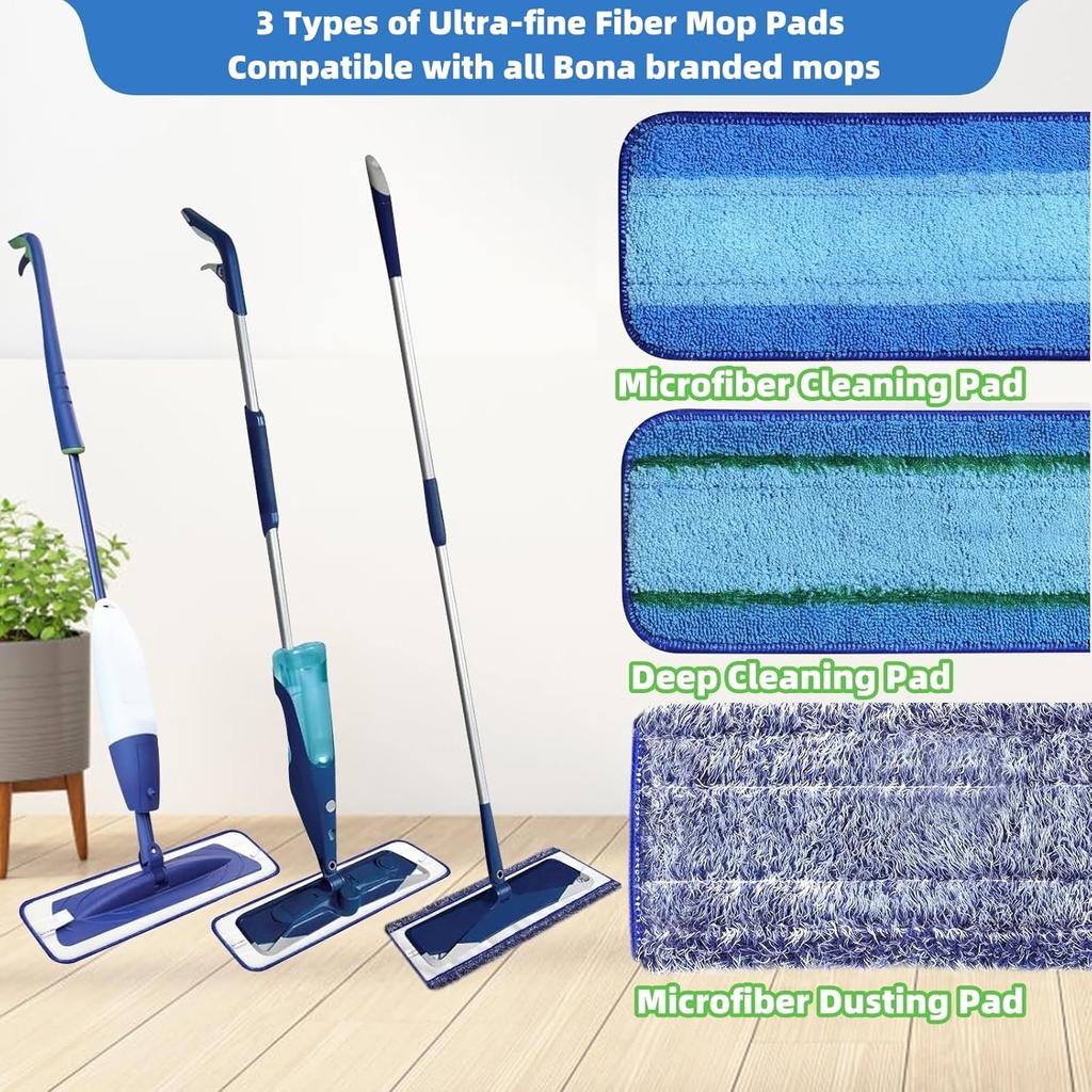 8 Pack Microfiber Cleaning Pads for All Bona Mops, 2 Deep Cleaning Pads + 4 Microfiber Cleaning Pads + 2 Dusting Pads,Washable Reusable Microfiber
