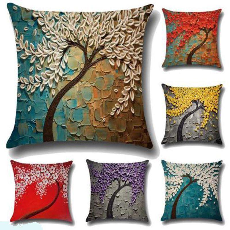 Luxuriöser 3D-bemalter Baum Blumen Kissenbezug aus hochwertigem Baumwollleinenstoff