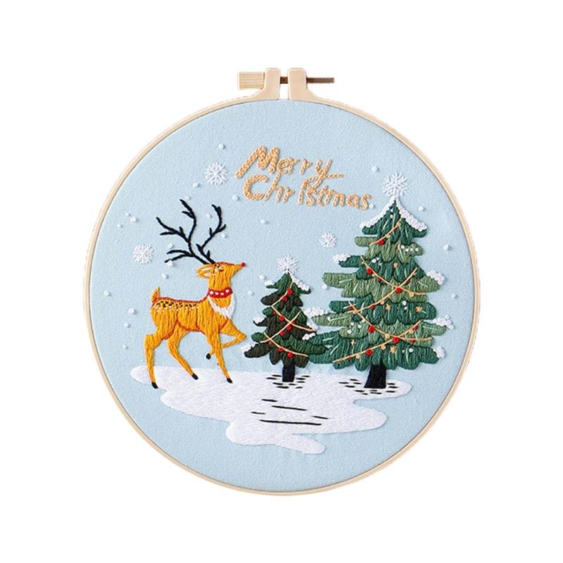 Christmas Pattern CrossStitch Kits Embroidery Starter DIY Kits with Embroidery Clothes Hoop Thread Needle for Beginner