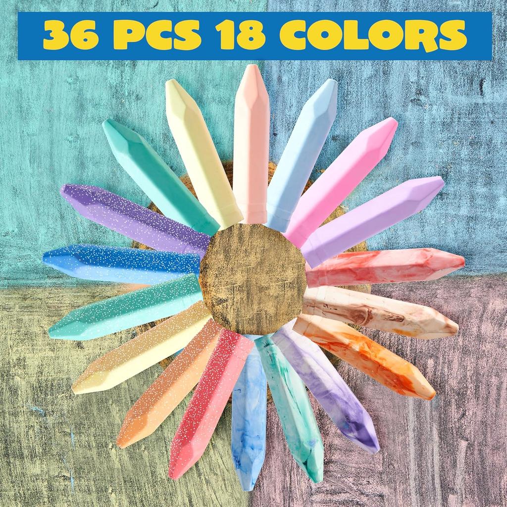 סט גיר לרחובות JOYFY 36 יחידות, רחיץ, ב-6 אריזות, 18 צבעים הכוללים 12 צבעי טאי דאי, 12 צבעי נצנצים ו-12 צבעי ניאון, גירים לשימוש חיצוני