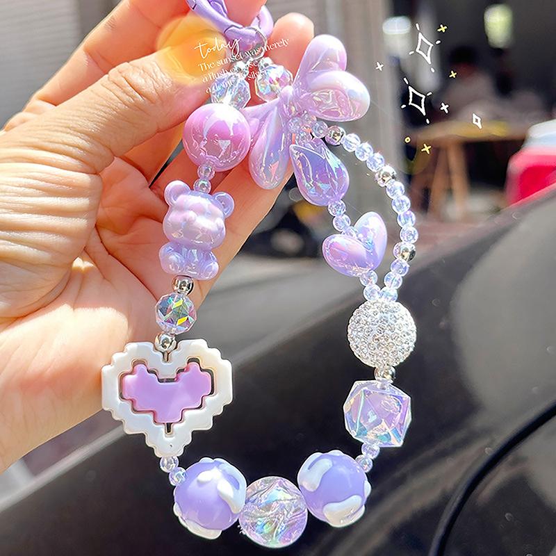 

Painted Beads Phone Chain Sweet Girl Bowknot Keychain Anti-Lost Wrist Strap Bag Decor Earphone Case Pendant фиолетовый
