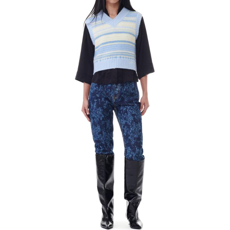 GANNI Color Block Fitted Striped V-Neck Sweater Women sweater Blue K2258-271