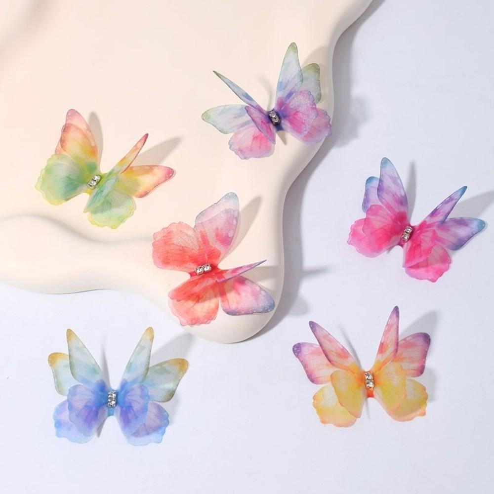 50Pcs 3D Organza Fabric Butterfly Appliques Rhinestone Gradient Color Chiffon Butterfly Embroidered Patches Double-layer