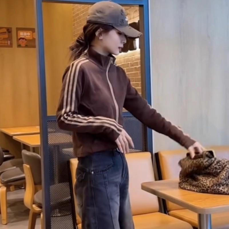 De Rong Women s Autumn/Winter Color Block Stand Collar Slimming Zipper Jacket M (80-100 jin) коричневый