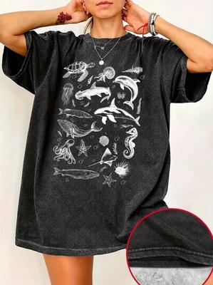 Vintage Gewaschenes Meeres tiere Grafik T-Shirt für Damen Herren Lässig Kurzarm Rundhals Oversized Meeresleben Strand T-Shirt