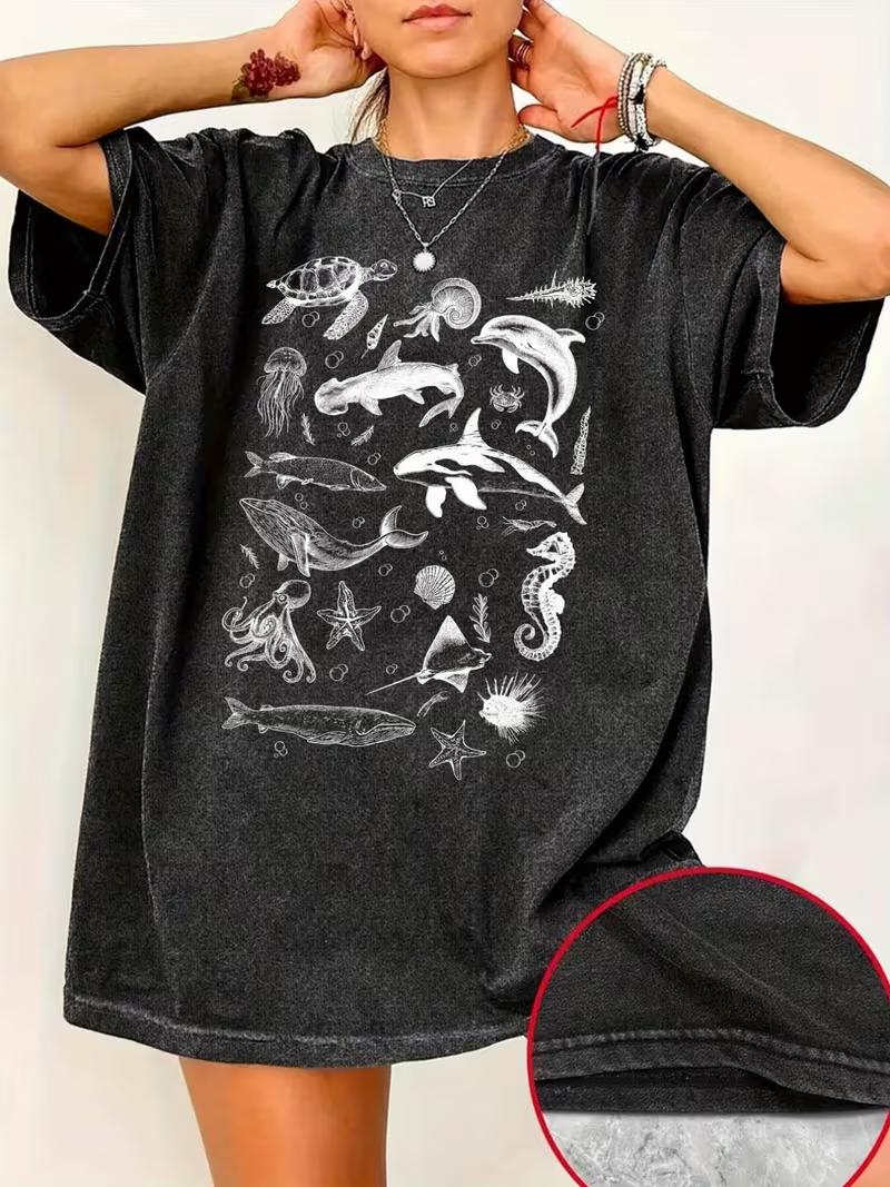 

Vintage Washed Ocean Animals Graphic TShirt for Women Men Casual Short Sleeve Crew Neck Oversized Marine Life Beach Tee S