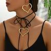 Exaggerated Metal Big Love Heart Pendant Earrings Necklace for Women Gothic Black Rope Knotted Bowknot Adjustable Chain Jewelry