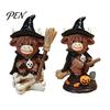 Halloween Party Supplies 2Pcs Highland Cow Witch Ornament, Resin Figurine with Hat Pumpkin Broom Fall Seasonal Displays & Skull, Cute Farmhouse