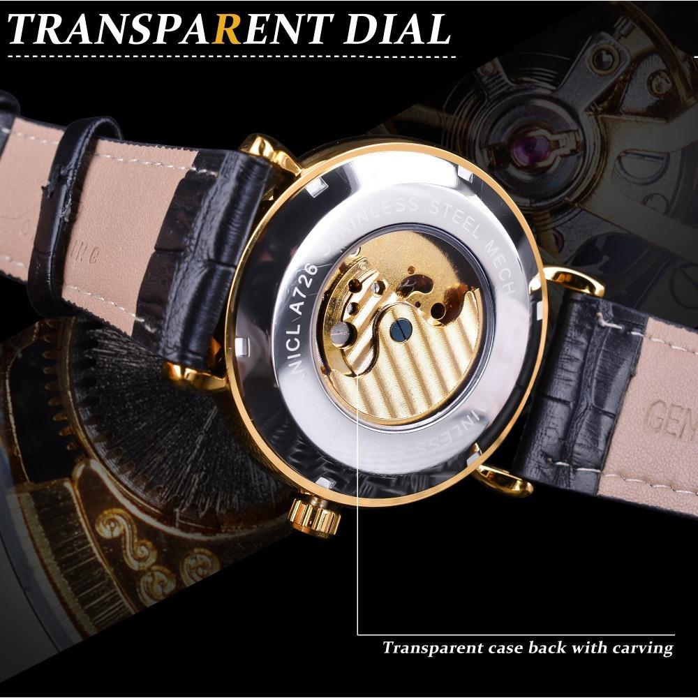 Forsining Erkek Moda Rahat İçi Boş Ay Evresi Oymalı İçi Boş Otomatik Mekanik Saat GMT1125-1-A