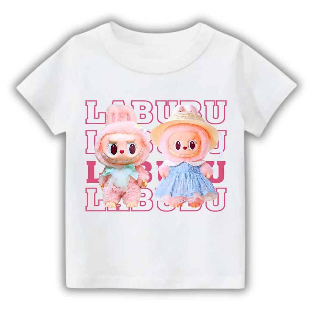 Summer LABUBU Pattern Children's T-shirt Cartoon Princess Skirt Labubu Printed Girl Round Neck Short Sleeve Casual Children's Top