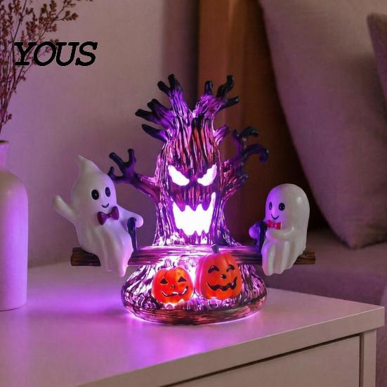 Energy Efficient USB Night Light Animated Seesaw Ghost Light, Powered 3D Cute LED Halloween Lamp with Spooky Tree And Pumpkin Design, Decor