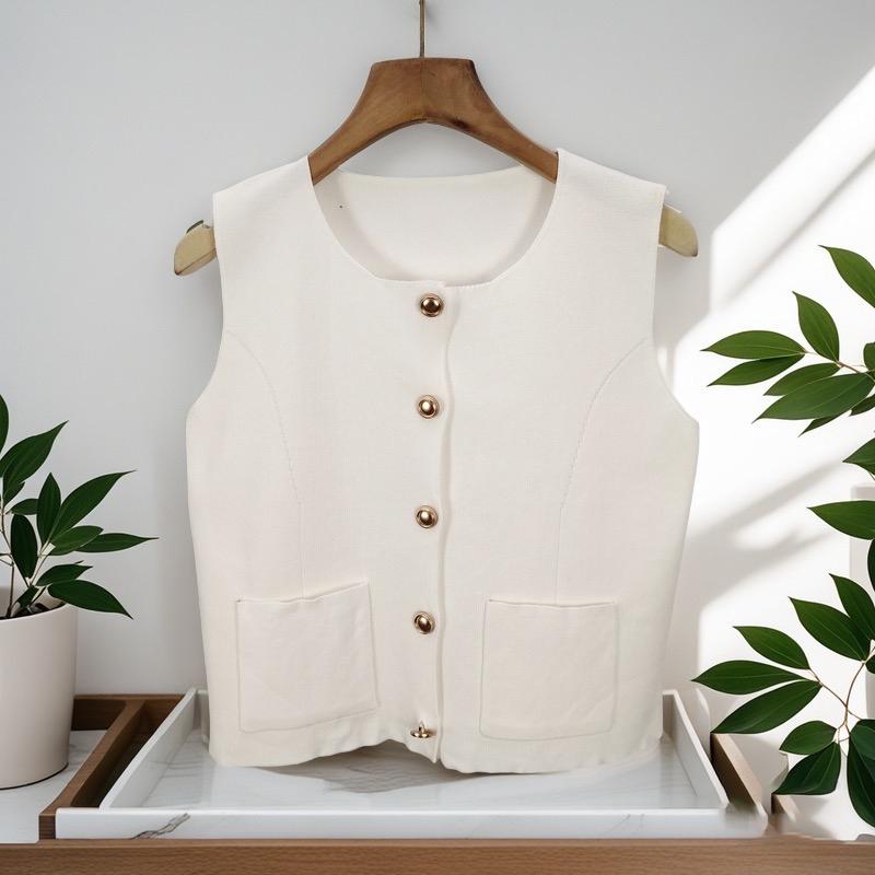 Dames fransk rund hals enkeltspent dobbel lomme ermeløs avslappet strikket vest