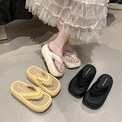 Internet Celebrities Thick-soled Heightening Tassel Denim Sandals Women's Summer 2025 New Flip-flops Fashion Women's Shoes