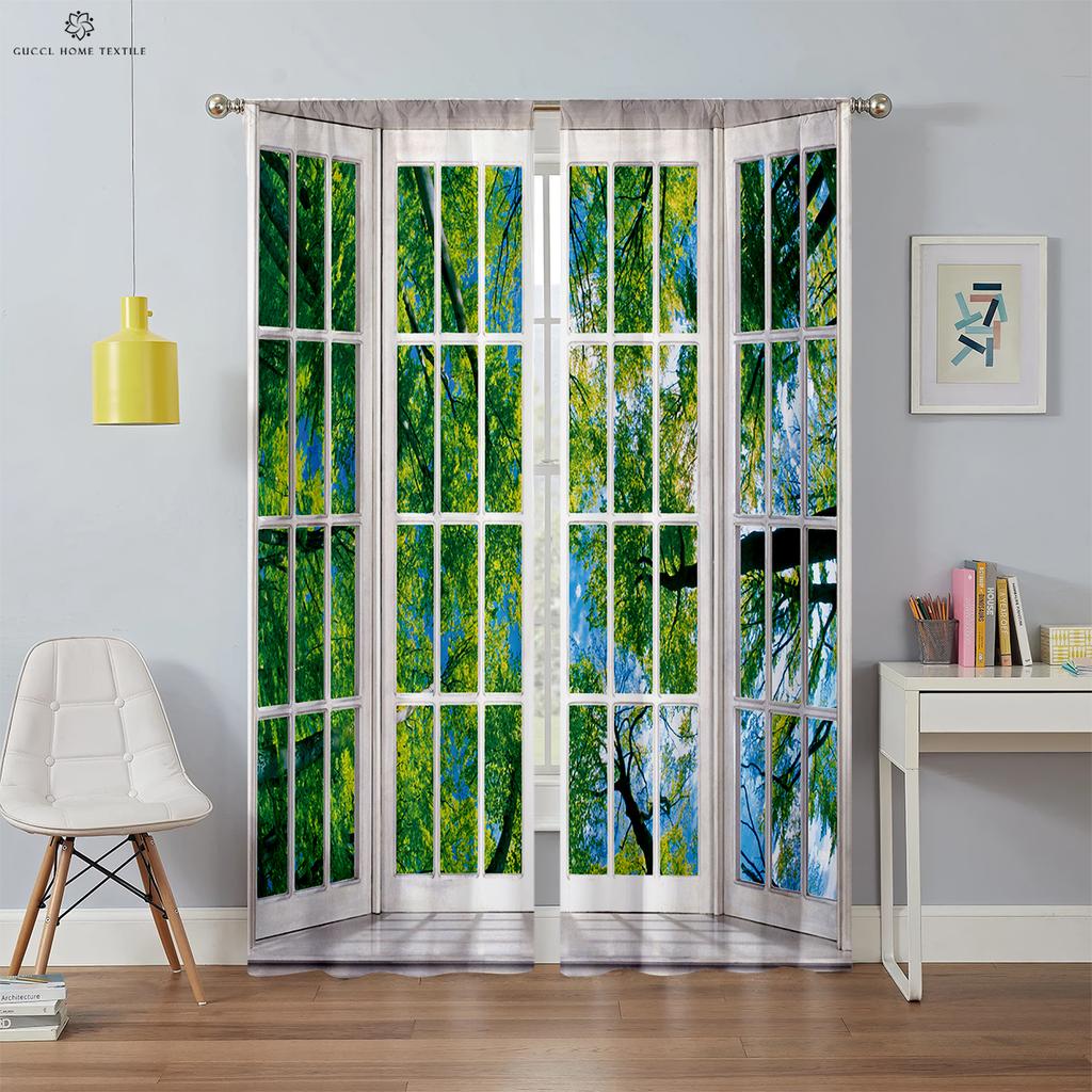 3D Printed Curtains for Bedroom, Living Room, Kitchen and Study Room, Realistic Sky Scenery Outside the Window, Blackout Curtain