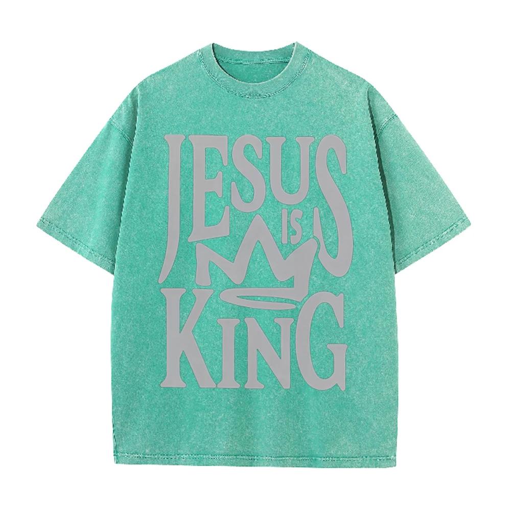 2026 Jesus Is King Crown Letter Graphic Black Acid Washed T Shirt Christian Faith Casual Oversized Unisex Short Sleeve Streetwea