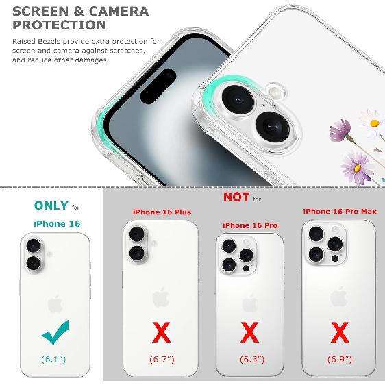 Floral Clear Case for iPhone 16 for Women Girls,Cute Flowers Design Phone Cover,Slim Soft Transparent Drop Proof Pretty Flower Print Pattern TPU