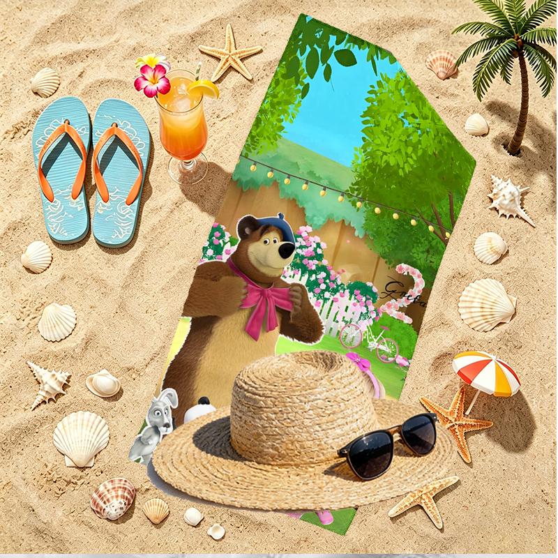 Masha and The Bear Print Beach Towel, Versatile Lightweight Absorbent Beach Towel for Pool Surf Yoga Bathroom, Perfect Birthday Holiday Gift