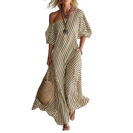 Damen Gestreiftes Off-Shoulder Maxikleid Kurzarm Lässig Party Cocktailkleid Sommer Strandurlaub Fließendes Kleid