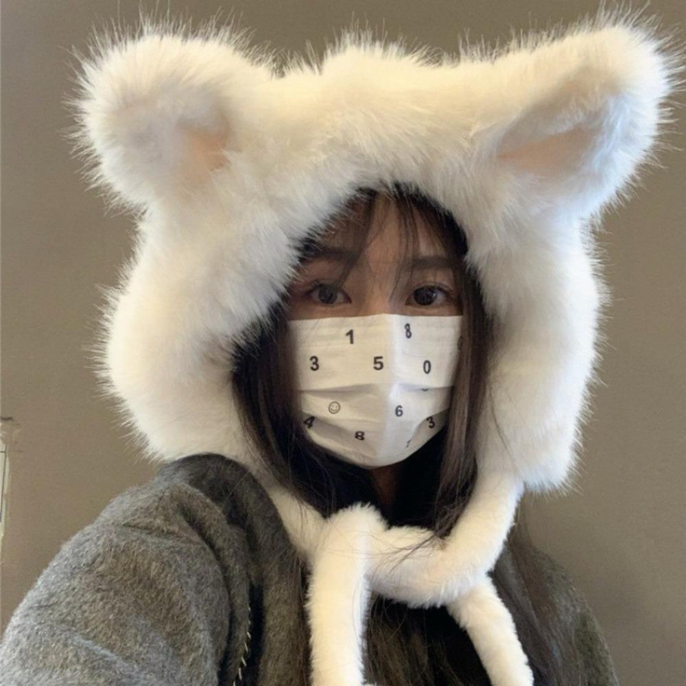 Plush Bucket Hat Warm Plush Fox Ears Hat Outdoor Ear Protection Hat Women