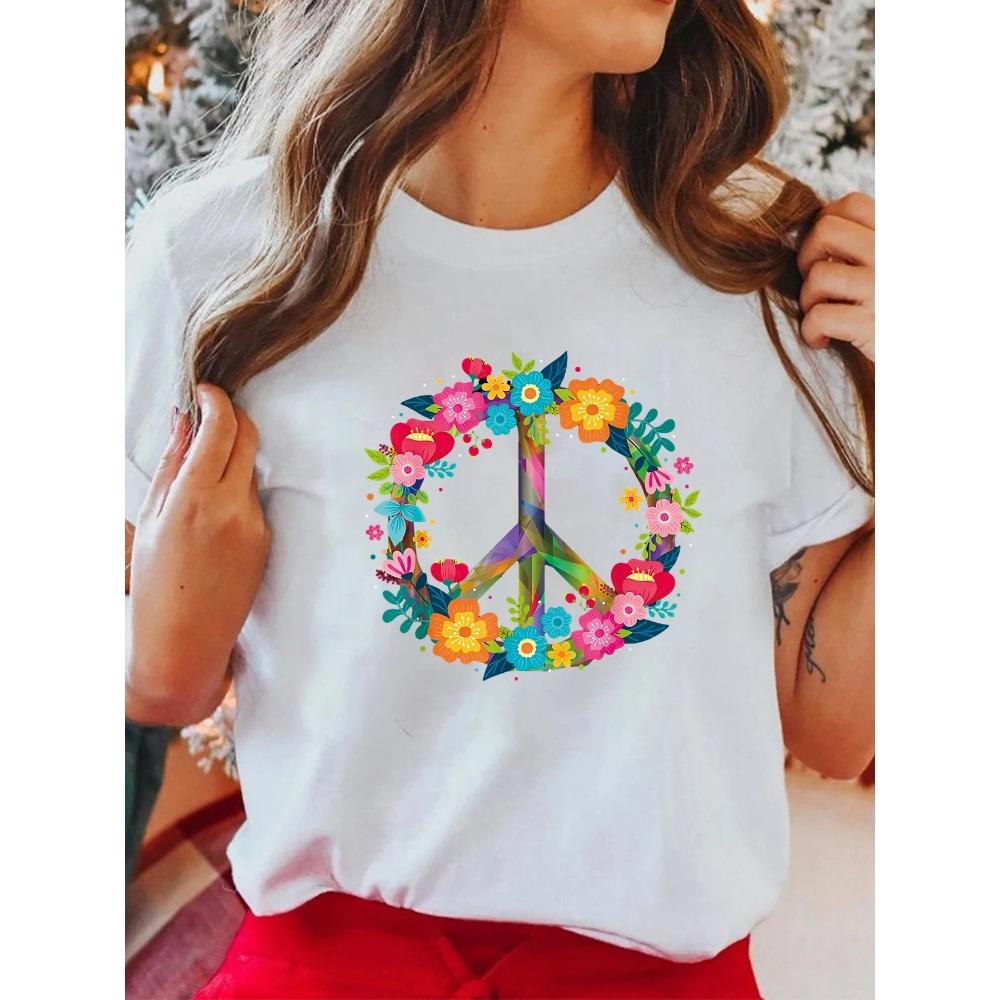 Peace Love Hippie Costume Tie Die 60s 70s Women's Casual Short Sleeve Summer T-Shirt O-Neck Tops Tshirt