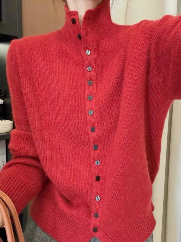 Elegant 100% Wool Stand Collar Sweater Cardigan for Women - Chic and Casual Niche Style